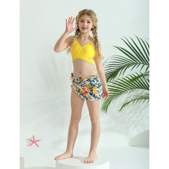 Bullpiano Girls Swimsuits, Big Girls Solid 7-14 Bikinis Bathing Suit, 3 Pieces, Size 7-14T