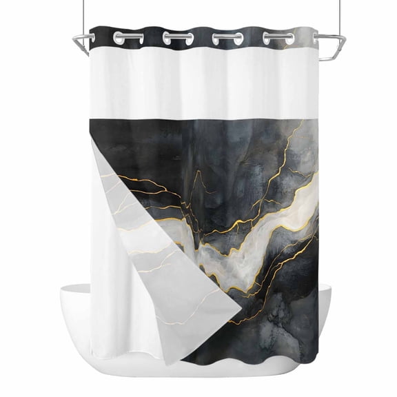 No Hook Shower Curtains with Detachable Snap-in Liner Set, Marble Waterproof Hotel Style Bathroom Shower Curtain, Black Grey Modern Luxury Gold Breathable Mesh Top Window Bath Curtains 60''x72''
