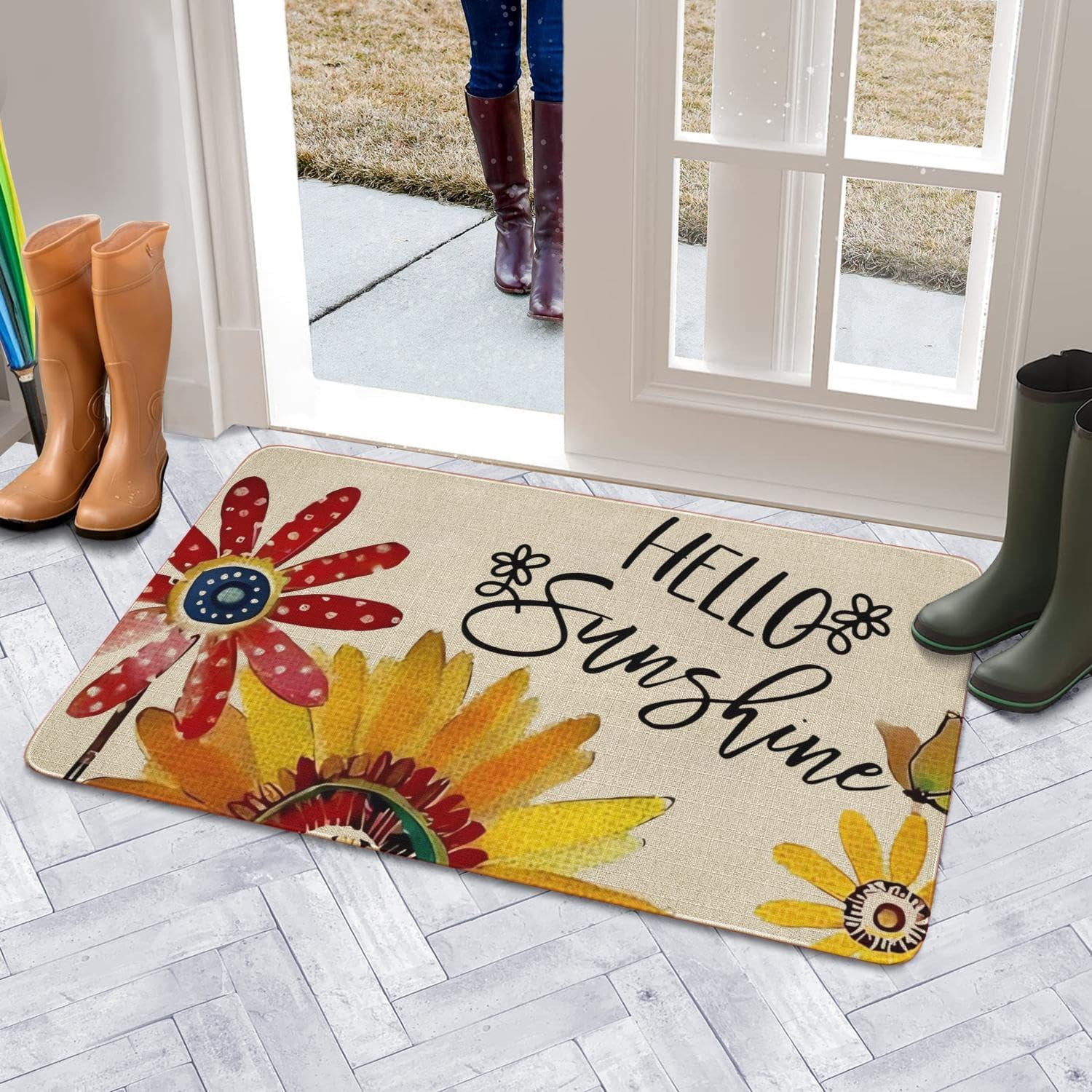 Hello Summer Door Mat 30 X 17 Inch Doodle Sunflower Butterfly Door Mat Indoor Outdoor Entrance Floor Mat Non Slip Summer Decor Rubber Welcome Mats