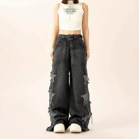 TrendOFT Womens Baggy Jeans Elastic Waist Cool Ripped Jean Washed Wide Leg Denim Pants Black L