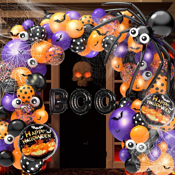 JILhome 107 Pcs Halloween Balloon Arch Kit, 18 12 10 5 Inch Different Sizes Halloween Party Balloons with Bat Stickers, Spider & Boo Ballon for Halloween, Party Decorations