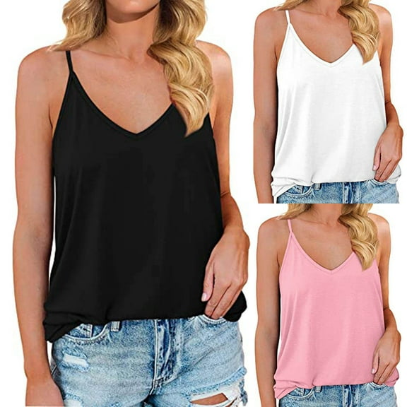 ATOYSOY Women's Loose Basic Tank Tops Solid Color Beach Sleeveless Trendy Tees V Neck Spaghetti Strap Casual Workout Versatile Summer Camisole Retro Girls Black L