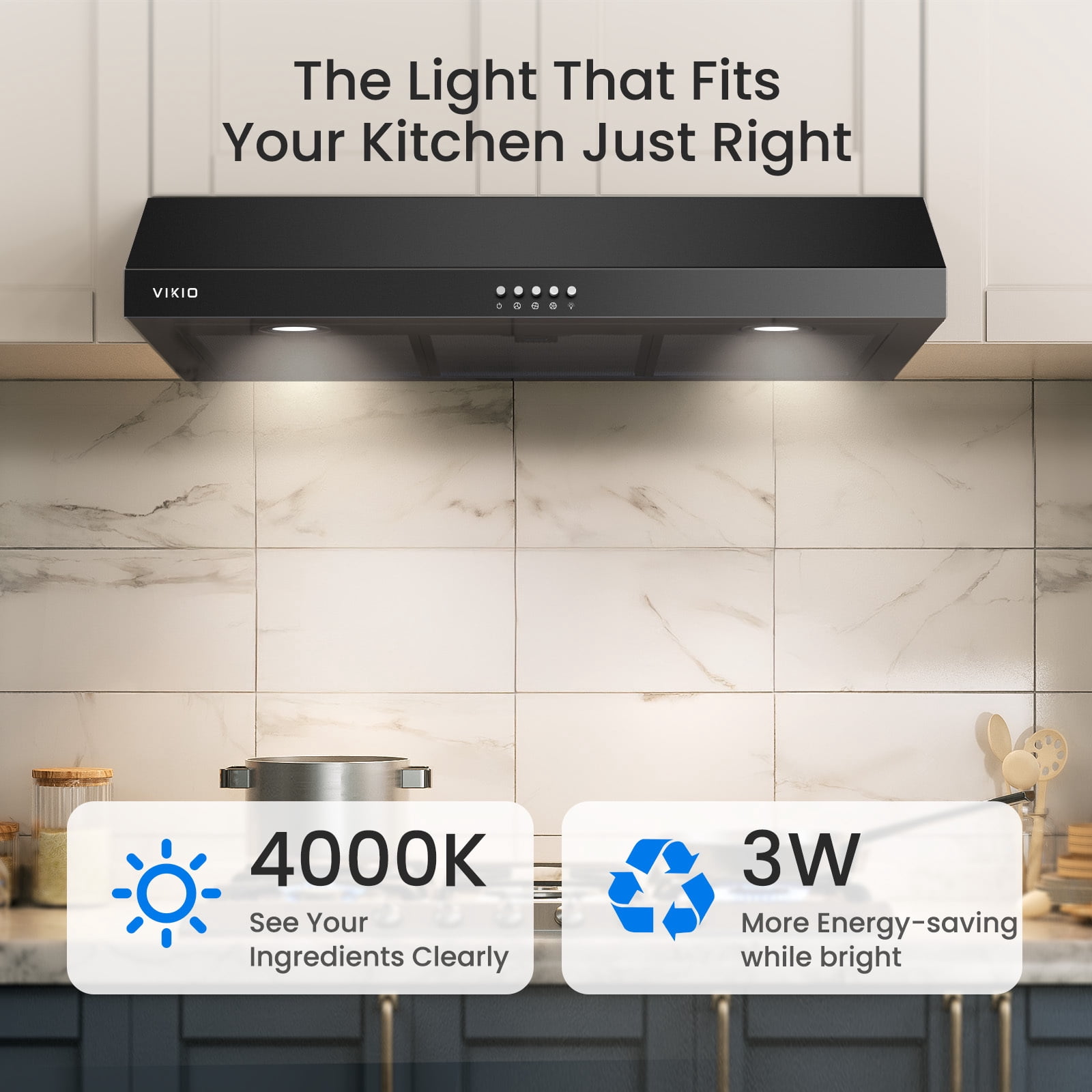 VIKIO 30 inch Under Cabinet Range Hood 600 CFM Ducted in Stainless Steel with Mesh Filters and Push Buttons, Black