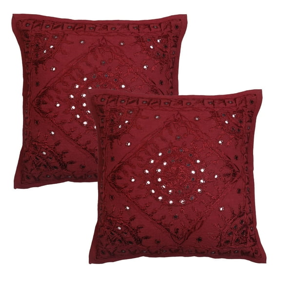 Stylo Culture Indian Settee Sofa Throw Pillow Covers 16 x 16 Hand Embroidered Maroon Bohemian 40 x 40 cm Home Decor Cotton Mirrored Square Cushion Covers | Set Of 2
