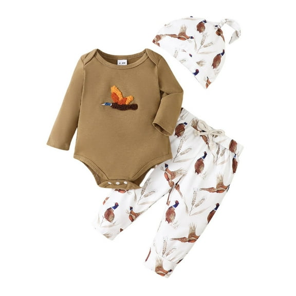 Hienoo Newborn Boys Outfits Cartoon Embroidery Long Sleeve Romper Pants Hat 3-Piece Set