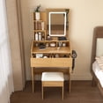 thumbnail image 6 of Wooden Vanity Table with LED Mirror, Power Outlet and Hairdryer Holder, Compact Dressing Desk with Drawers, Shelf & Padded Stool for Small Bedrooms, 6 of 14