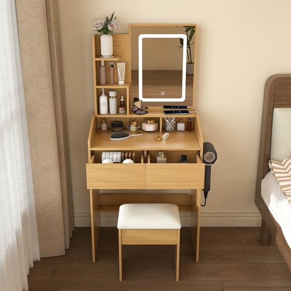 Vanity Table with LED Illuminated Mirror, Power Outlet & Hairdryer Holder, Compact Dressing Desk with 2 Drawers and Stool, Wood Finish