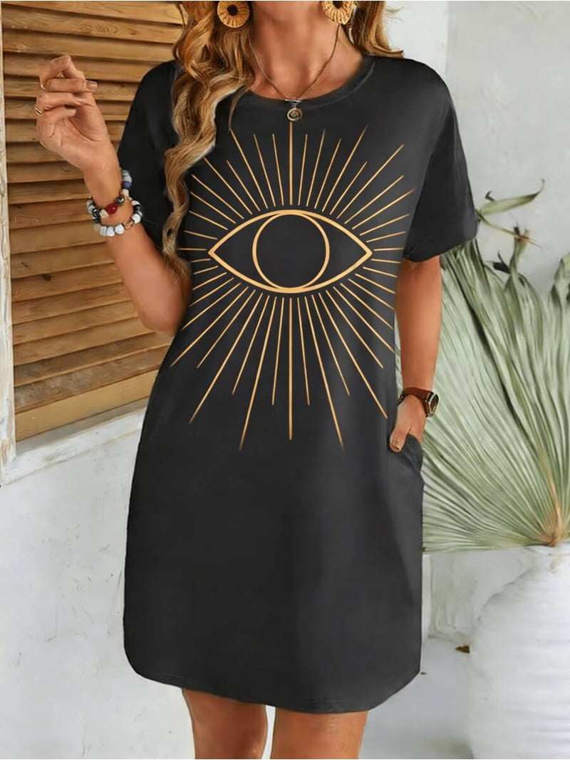 street style oversized t shirt dress /// Dark Grey Mystic Eye Print Womens Oversized T-Shirt Dress, Casual Loungewear, Street Style, Women's, Size: Small, Gray