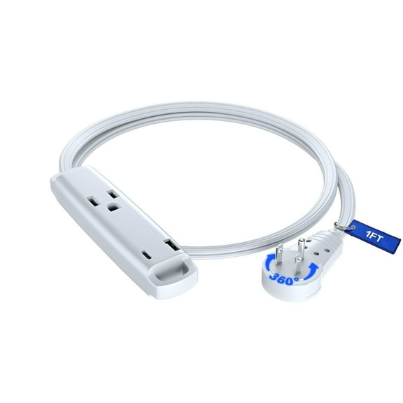 Maximm 360 Rotating Flat Plug Extension Cord 3-Outlet with USB-C and USB-A Ports 6FT, 3-Prong Flat Wire 16AWG, UL Certified White