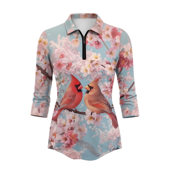 Jiueut Cardinal Cherry Blossom Quick Dry Golf Shirt Women for Workout Sports Tennis, Breathable Athletic Tops Polyester Spandex Women's Golf Polo Shirts, Size Large