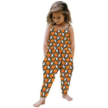 

TMOYZQ Toddler Baby Girl Halloween Clothes Kids Pumpkin Print Jumpsuit Outfit Summer Sleeveless Strap Suspender Romper Overalls Harem Pant with Pockets (1-6 Years)