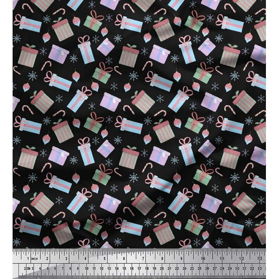 Soimoi Black Cotton Voile Fabric Candy Stick,Gift Box & Oranament Christmas Print Fabric by the Yard 42 Inch Wide