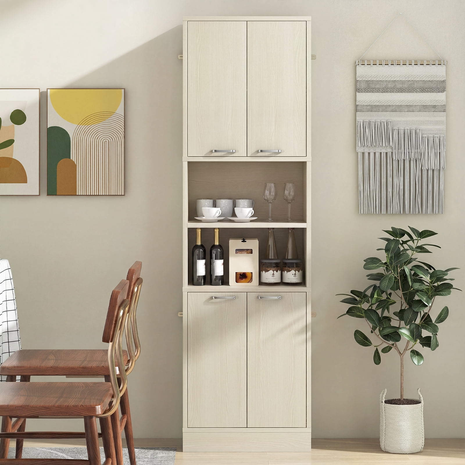 Costway Kitchen Pantry Cabinet, 75” Tall Freestanding Cupboard with Doors & Shelves Light Oak