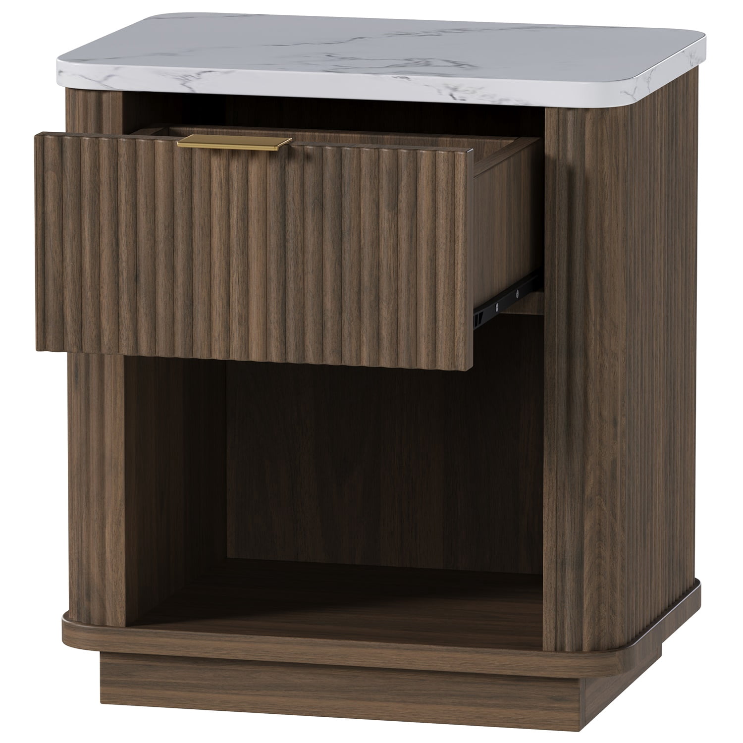 Hommoo Set of 2 Modern Nightstands with Faux Marble Top, Fluted Drawer & Gold Handle, Bedside Tables for Bedroom, Dorm & Living Room, Walnut