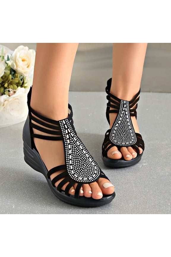Women's Rhinestone Cage Wedge Sandals, Sparkly Teardrop Embellished Strappy Heels with Thick Sole, Open Toe Chunky Platform Shoes, Glamorous Summer Footwear for Party Evening Gift