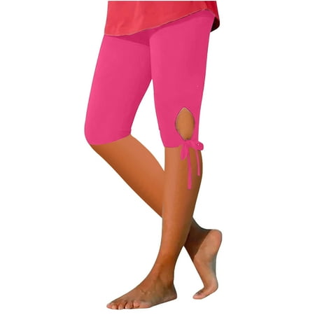Pxkloy Capri Leggings for Women Tummy Control High Waisted Yoga Shorts Summer Stretch Tight Leggings Capri Pant with Bow-Knot Hot Pink S