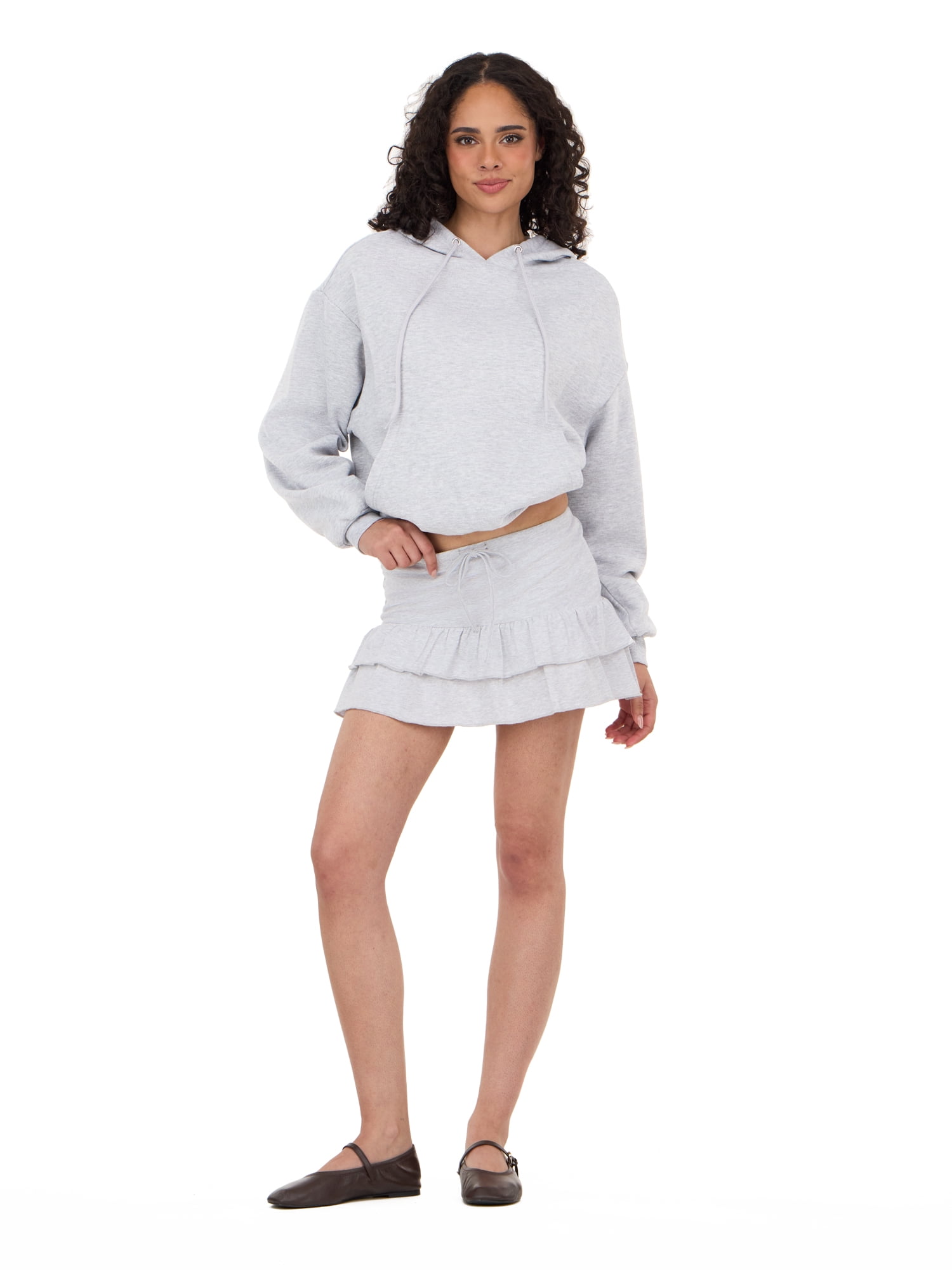 Forever 21 Women's Tiered Skort with Built-In Shorts and Drawstring Waist, Ruffle Mini Skirt Shorts Combo, Soft Knit Casual Lounge and Active Style, Grey, XXS-XXL