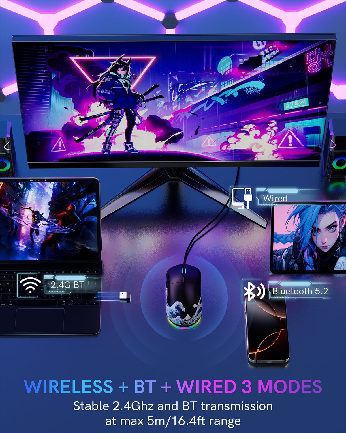 G57 Wireless Gaming Mouse, 8000 DPI, 80g, 2.4G/Bluetooth/USB-C Rechargeable Wireless Mouse with 5 Programmable Buttons for PC/Mac, Black
