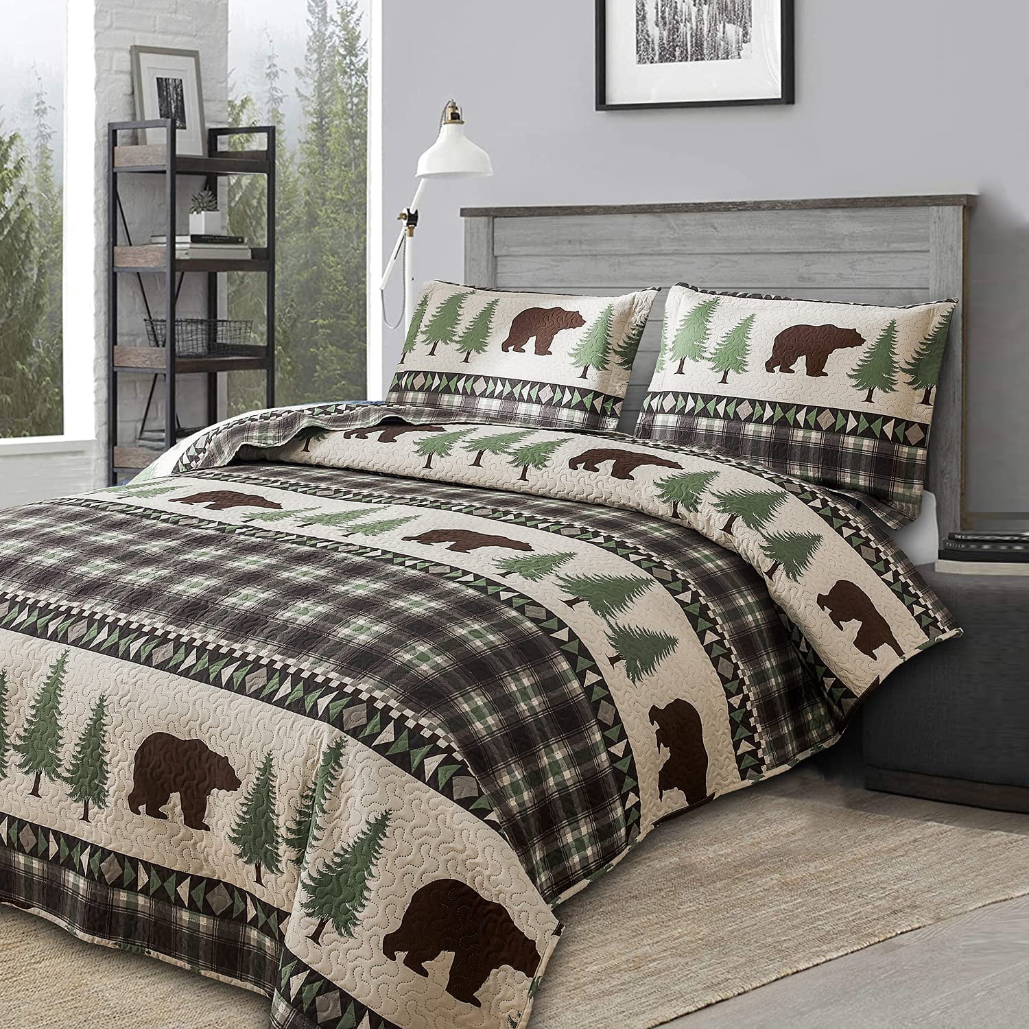 Jessy Home Rustic Quilts Queen/Full Green Plaid Bear Bedspread Microfiber Coverlet Set