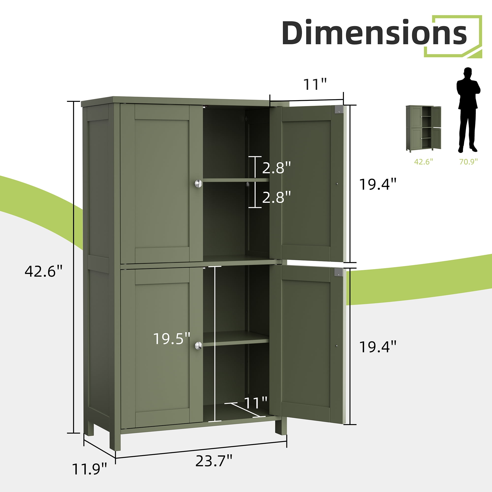 Walsunny Freestanding Bathroom Floor Storage Adjustable Shelf with 4 Doors 43" Wooden Pantry Cabinet for Kitchen Small Spaces,Green