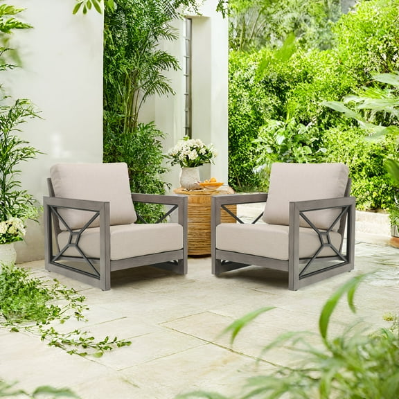 Ulax Furniture Outdoor Aluminum Club Chairs Lounge Armchairs With Sunbrella® Cushions  (Set of 2)