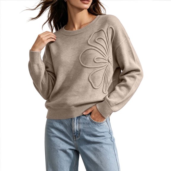 CHGBMOK Cropped Knit Sweater for Women Crew Neck Long Sleeve Drop Shoulder Pullover Relaxed Fit Casual Tops