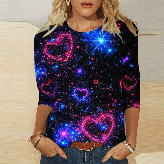 Craaazy Women's 3/4 Sleeve Valentines Shirts Love Heart Print Round Neck Tops Gifts