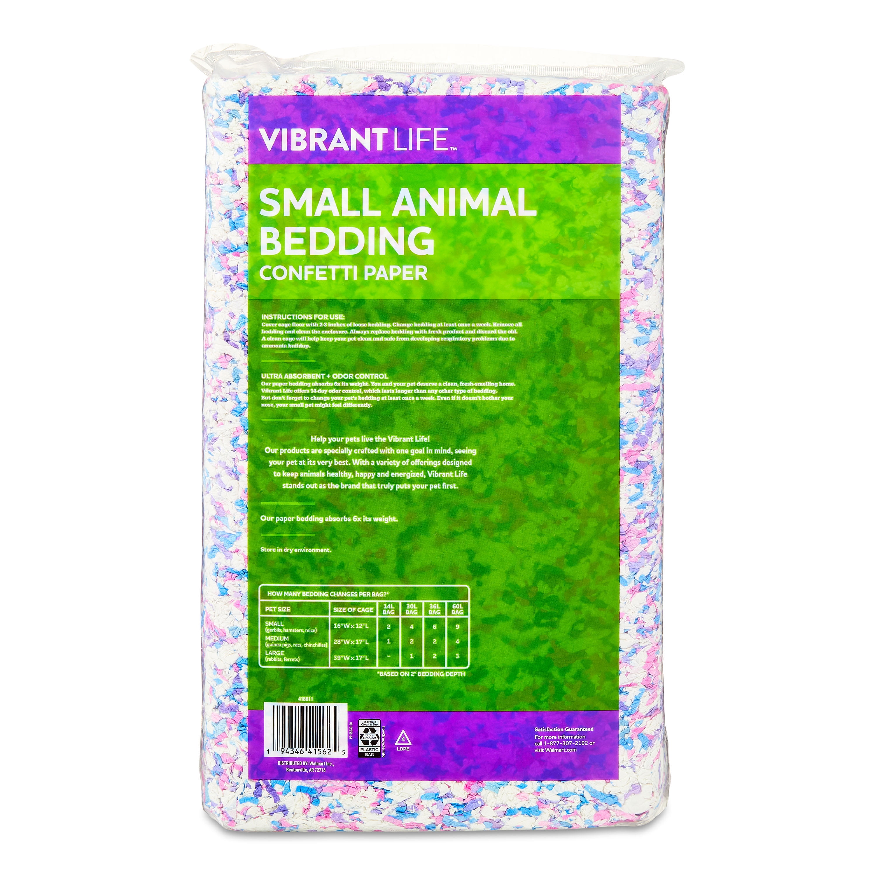 (4 pack) Vibrant Life Small Animal Bedding, Confetti Paper, 36 L Bag