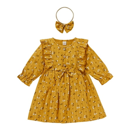 

Girl Easter Dress Printed Floral Girls Princess Toddler Ruffles Long Baby Sleeve Dress+Headbands Girls Dress&Skirt
