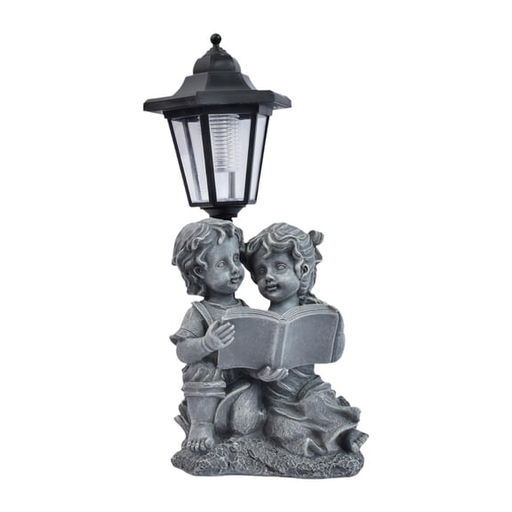 Fzaqwen Boy and Girl Garden Statue with Solar Lights Gray Resin Figurine for Outside