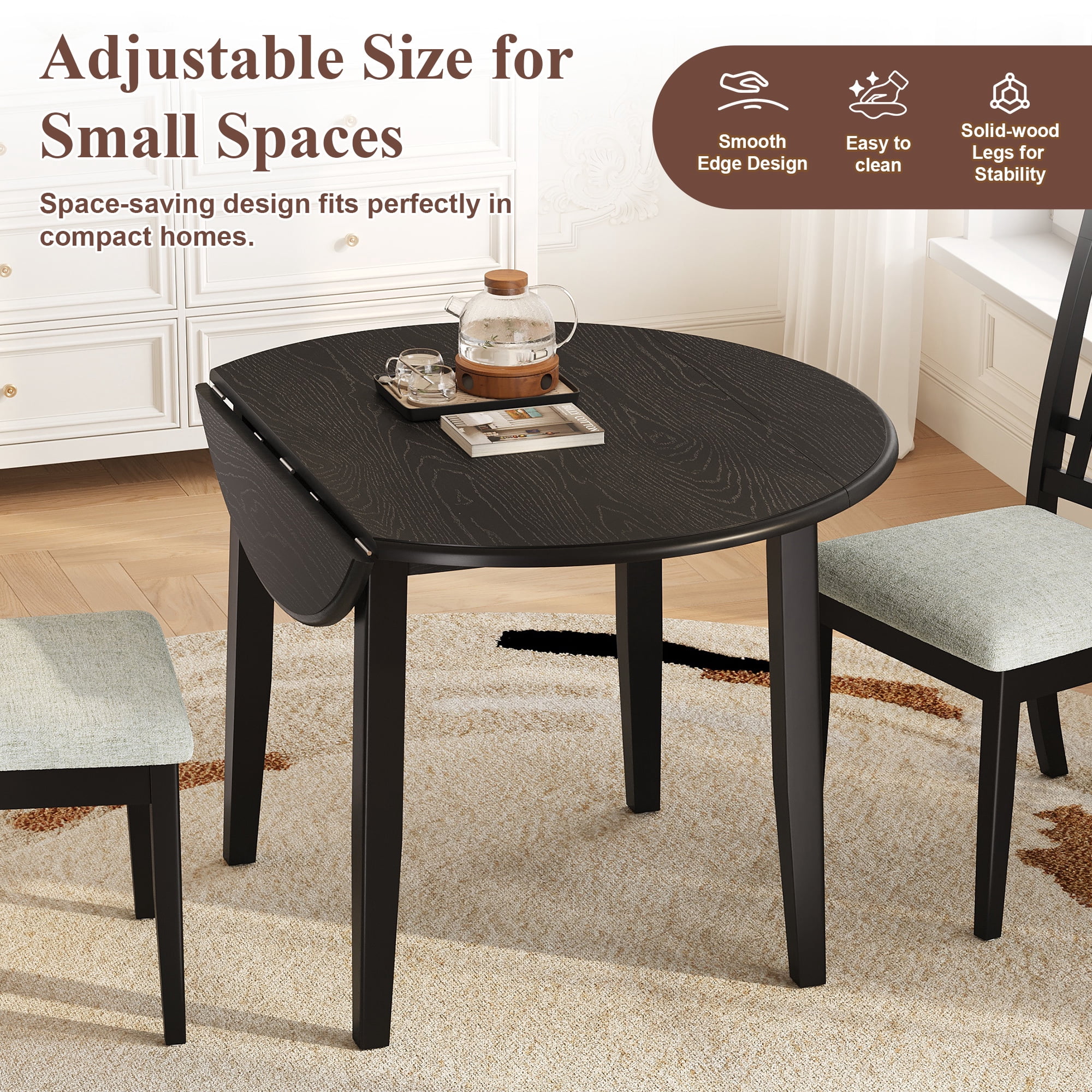Euroco 5-Piece Round Dining Table Set for 4, Folding Wood Dining Table with 4 Upholstered Chairs, Farmhouse Kitchen Table Set for Small Space,Apartments,Black