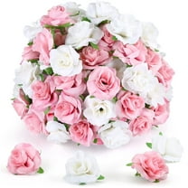 Naler 50 Pcs 1.6" White and Pink Stemless Fake Silk Roses,Bulk Artificial Flowers Heads for Wedding Bouquets Home Party Decors