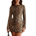 thumbnail image 3 of Women'S French Elegant Leopard Print Sequin Bodycon Stretch Dress Long Sleeve Party Gown Brown M, 3 of 9