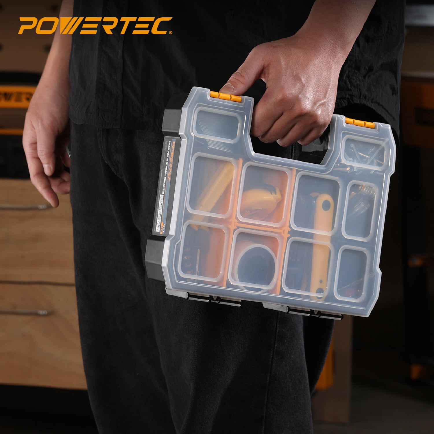 POWERTEC Small Parts Organizer & Tool Box – 10 Compartments, Stackable Storage with Removable Dividers, Clear Lid, Portable Design (72117N)