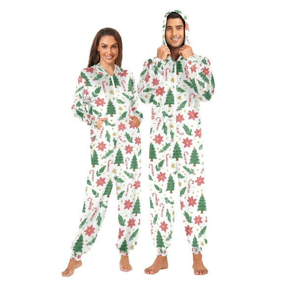 Adult Christmas Onesie Christmas Tree Candy Cane Zipper One-Piece Pajamas Unisex with Pockets