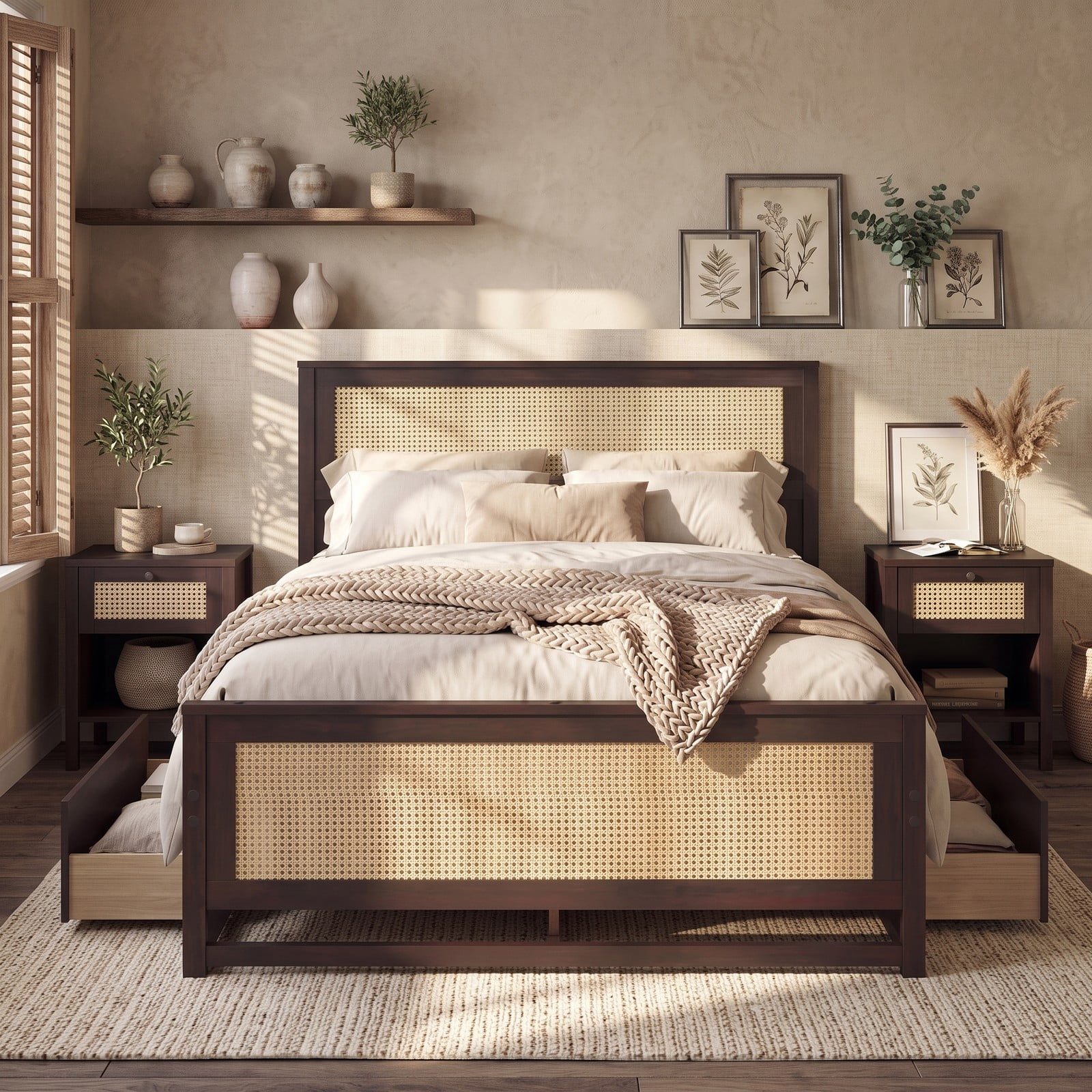 Furnibear Full Size Bed Frame with Storage, Wood Rattan Platform Bed with 2 Drawers and Woven Headboard and Footboard, Rustic Brown
