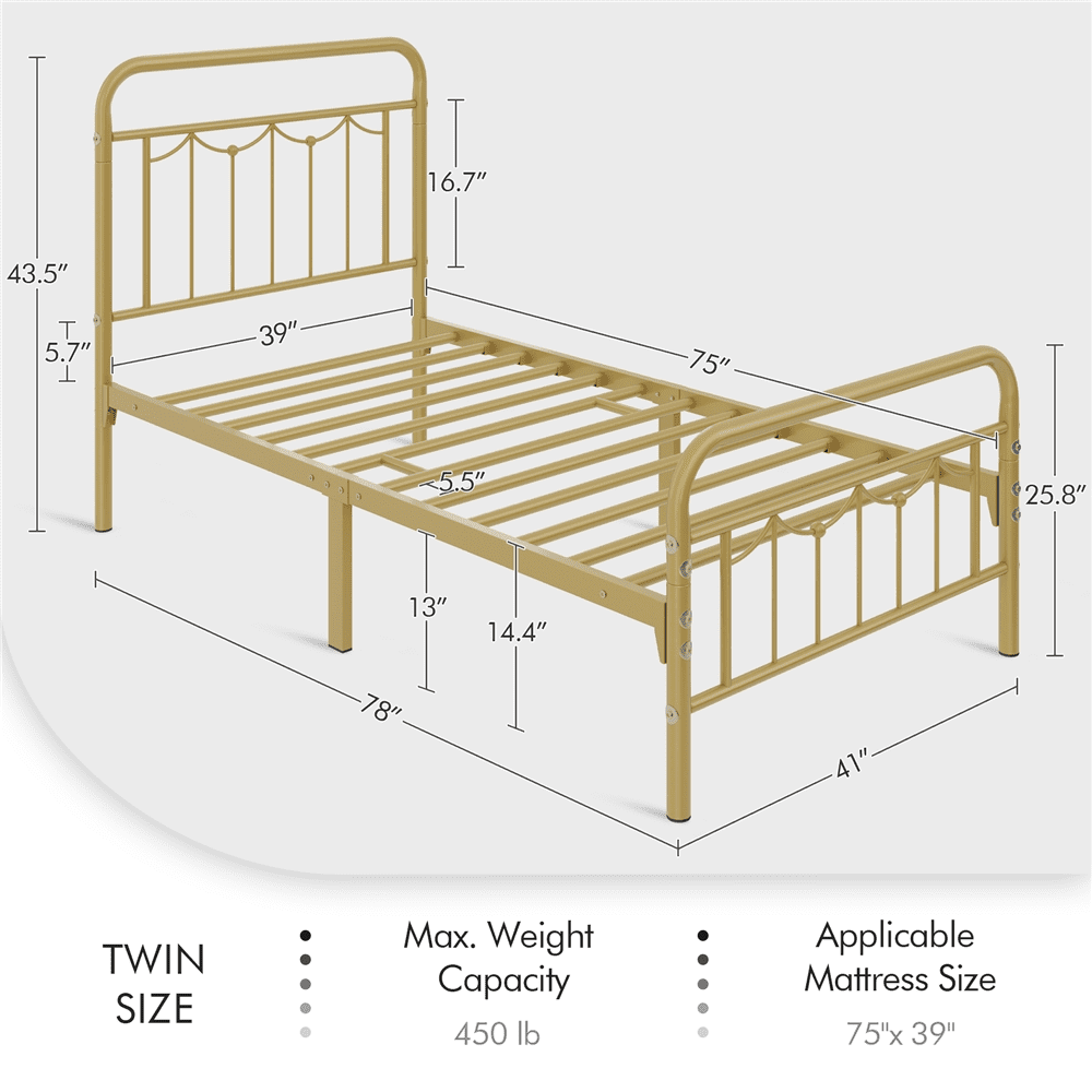 SmileMart Archie Metal Platform Twin Bed with Vintage Headboard and Footboard, Antique Gold