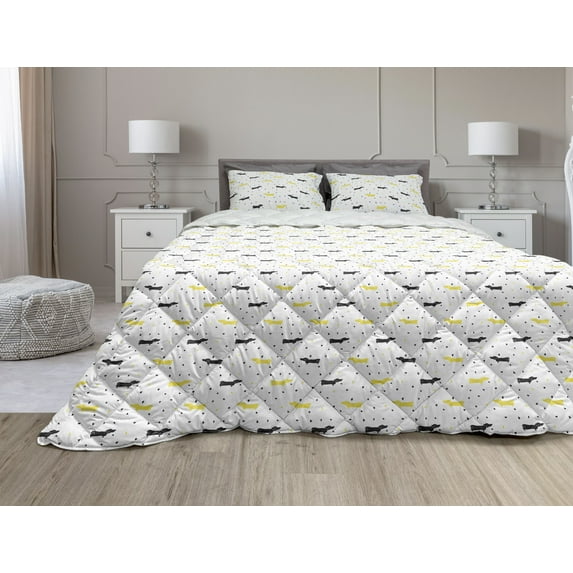 Dachshund Comforter & Sham Bedding Set, Sketchy Painted Pattern Bicolour Sausage Dogs and Little Hearts, 3 pcs Duvet Set Microfiber Filling Quilt, 5 Sizes, Black Mustard and White, by Ambesonne