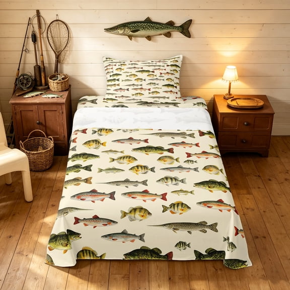 Manfei Hippie Freshwater Fish Twin Sheets, Wildlife Bedding, Cream, 3pcs, 1 Flat Sheet, 1 Fitted Sheet and 1 Pillowcase