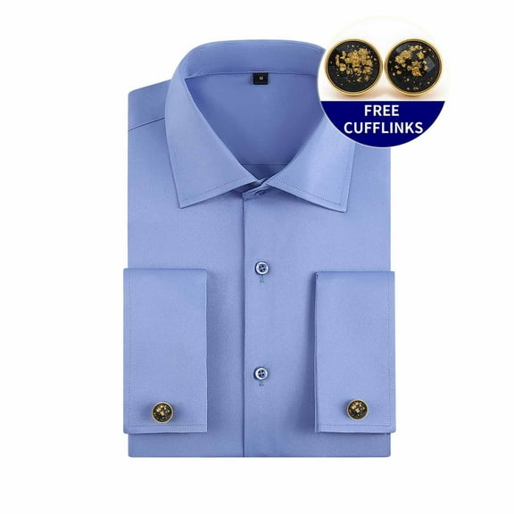 BRGZLK Men's Dress Shirt Solid Color French Cuff Casual Business Turn Down Collar Button Long Sleeve Slim Fit Shirt Blue M