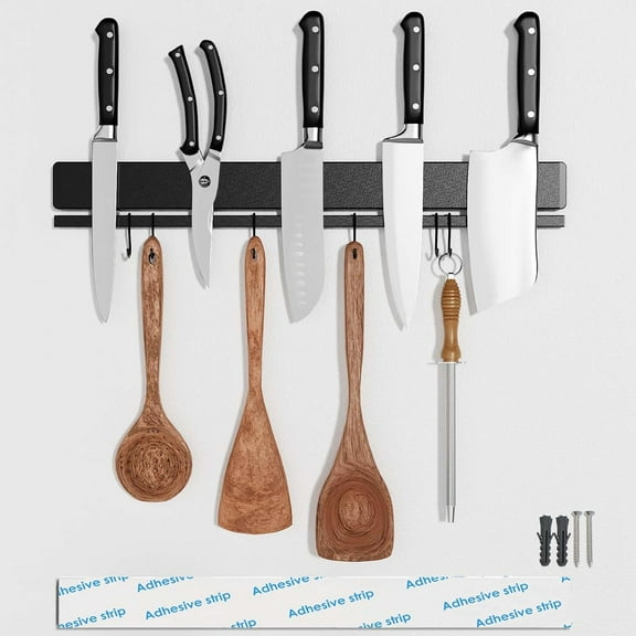 17 Inch Magnetic Knife Holder for Wall, Adhesive Knife Magnetic Strip No Drilling with 12 Hooks, Powerful Magnetic Knife Strip, Magnetic tool Holder for Kitchen Knives & Utensils (Black)