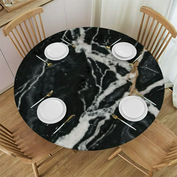Black Marble Round Tablecloth with Elastic Edge Tablecloth Spill Proof Washable Table Cover
