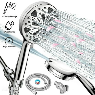 MOONORAH Shower Head, High Pressure Shower Head with 10 Spray Settings, Filtered Shower Head with 59" Stainless Steel Hose and Shower Stand, Drill-Free Design, Silver