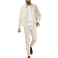thumbnail image 2 of YOIAVAIOY Men Casual Sweatsuit Lapel Waffle Cardigan with Zip Pockets Drawstring Pants Athletic Lounge Tracksuit Fall Winter Outfits Business Matching Set Beige M, 2 of 6