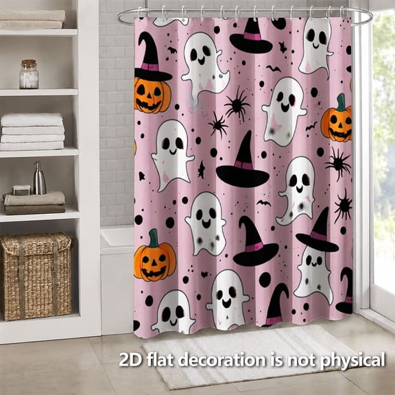 Hoease Pink Halloween Ghost Pumpkin Witch Hat Shower Curtain, 71W x 71L Inch Waterproof Fabric Bathroom Curtain with 12 Hooks, Cute Halloween Bath Decor