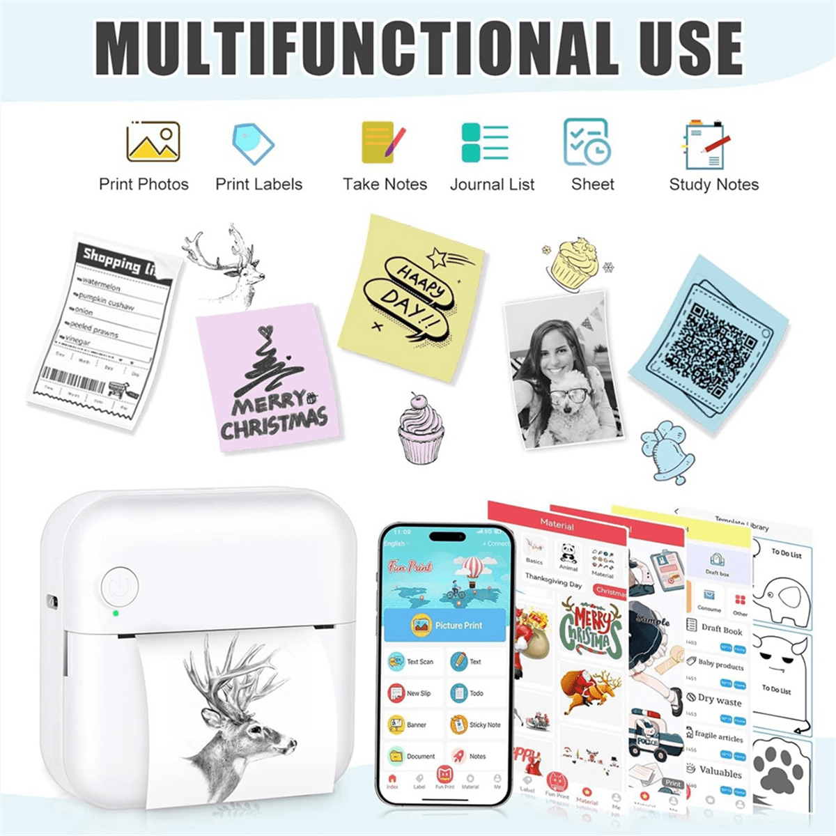 Mini Sticker Printer Bluetooth Thermal Printer with 10 Rolls and Stickers for Picture, Receipt, Notes, Black