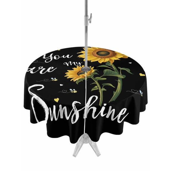 Outdoor Tablecloth with Umbrella Hole, Yellow Sunflower Spillproof Waterproof Outdoor Table Cover, Summer Flower Bee Sunshine Black Patio Tablecloths for Party/Garden/Picnic, Round 60 inch