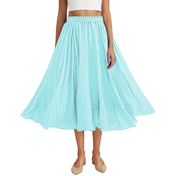 Ygbgbb Women's Crinkled Maxi Skirt Elastic Waist Flowy A-Line Long Skirt Lightweight Summer Casual Pleated Skirt for Vacation and Daily Wear Sky Blue Free Size