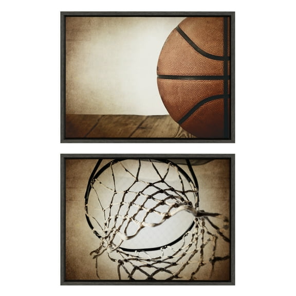Kate and Laurel Sylvie Vintage Half Basketball and Vintage Basketball Net Framed Canvas Wall Art Set by Saint and Sailor Studios, 2 Piece 18x24 Dark Gray, Retro Sports Art for Wall