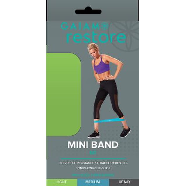 Gaiam Restore Mini Band Kit, juego de 3, ligero, mediano, pesado, bandas de resistencia para la parte inferior del cuerpo para ejercicios y entrenamientos de piernas y glúteos, bandas de 12 x 2
